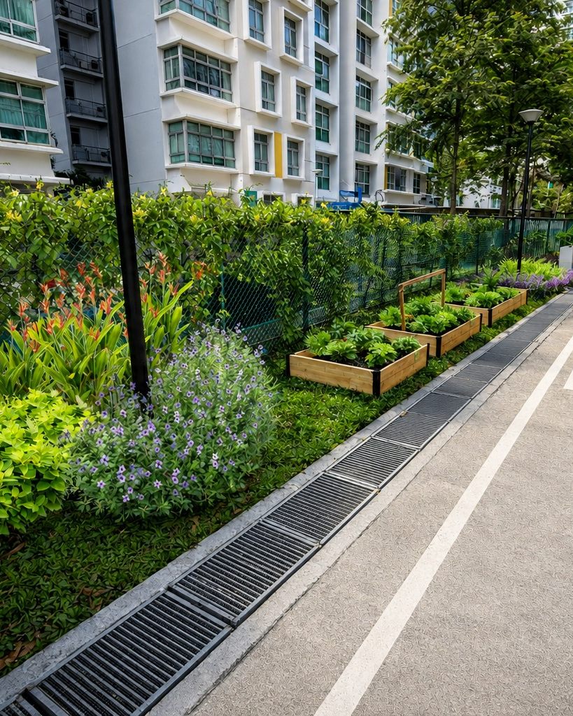 Layered planting along an institutional walkway