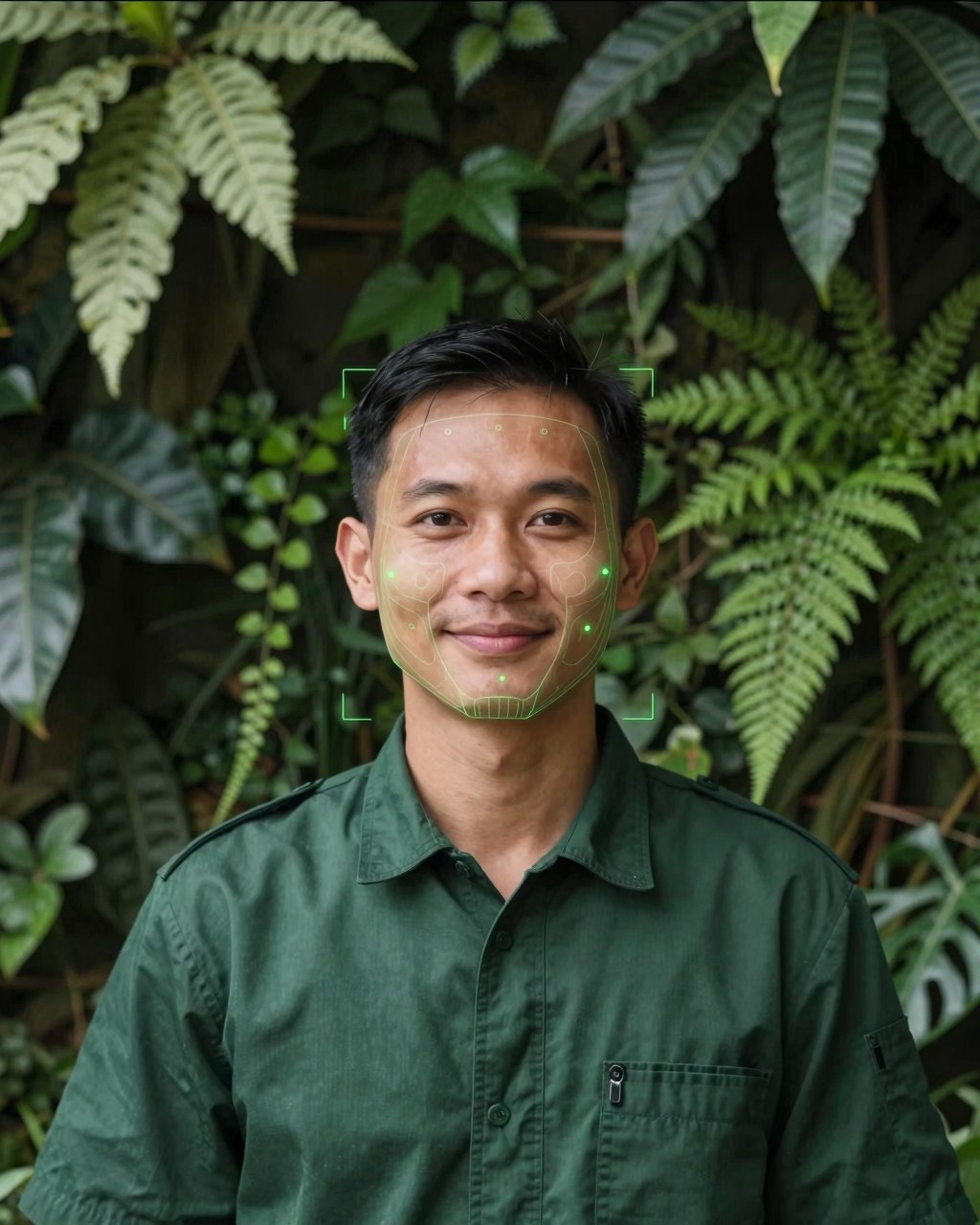 Face-verified check-in — a GreenGarden crew member scanned against a living green wall