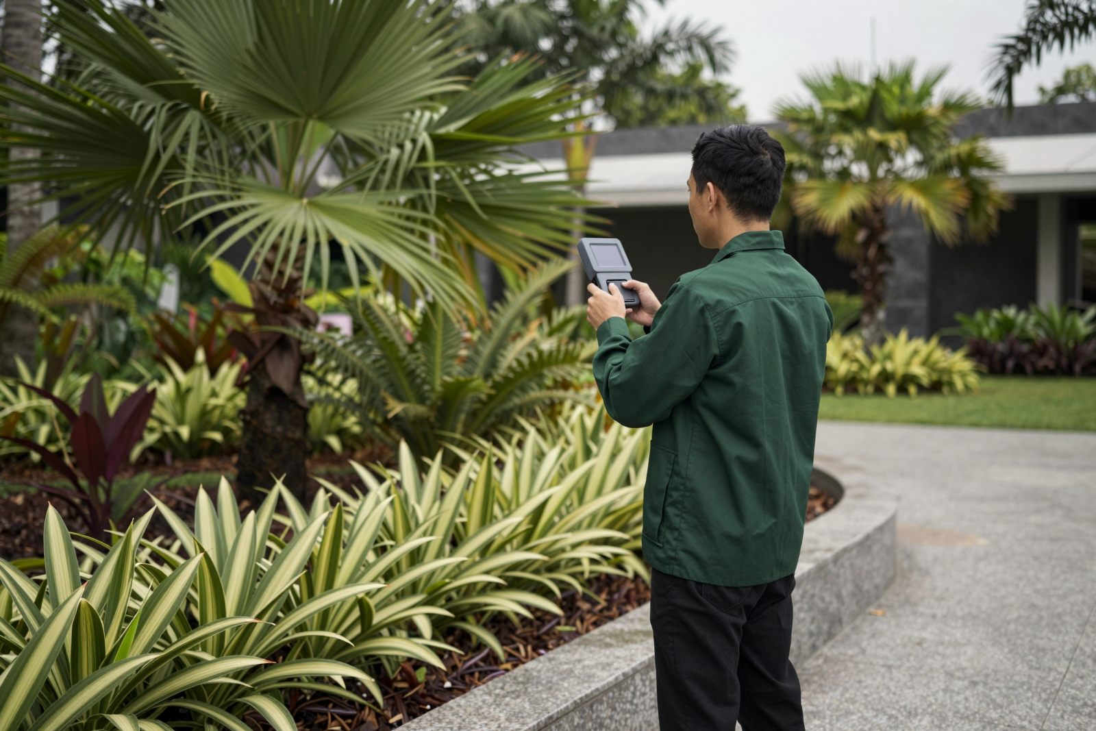 A GGIS consultant scanning a tropical planting bed with a handheld 3D capture device