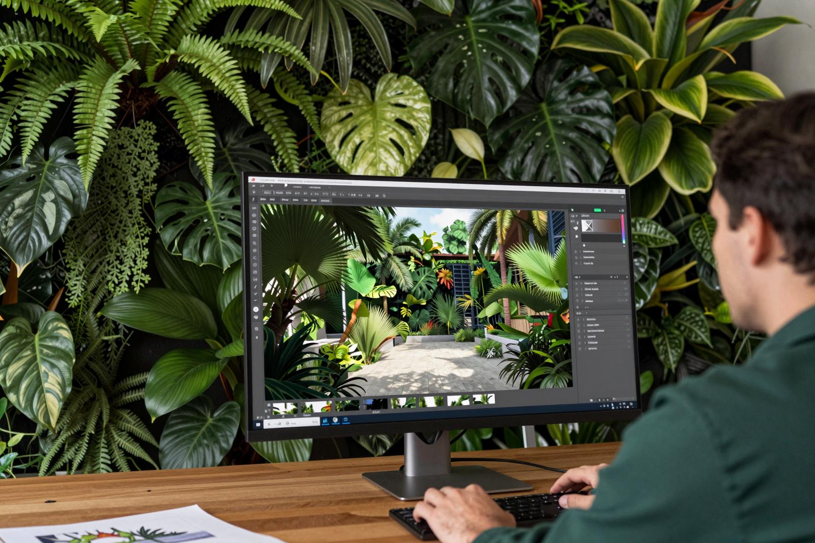 A landscape designer at a monitor showing a photorealistic 3D garden visualisation, set against a living green wall