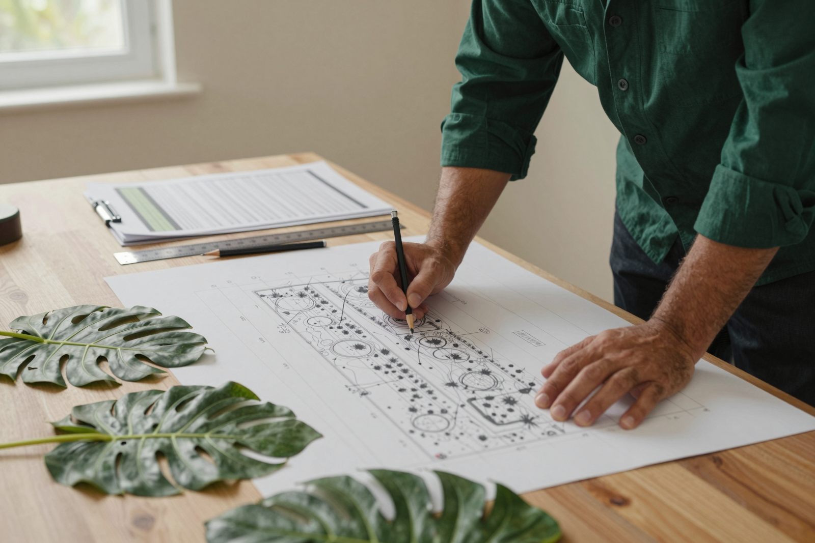 A landscape architect desk with an unrolled planting plan, scale ruler and plant-material samples