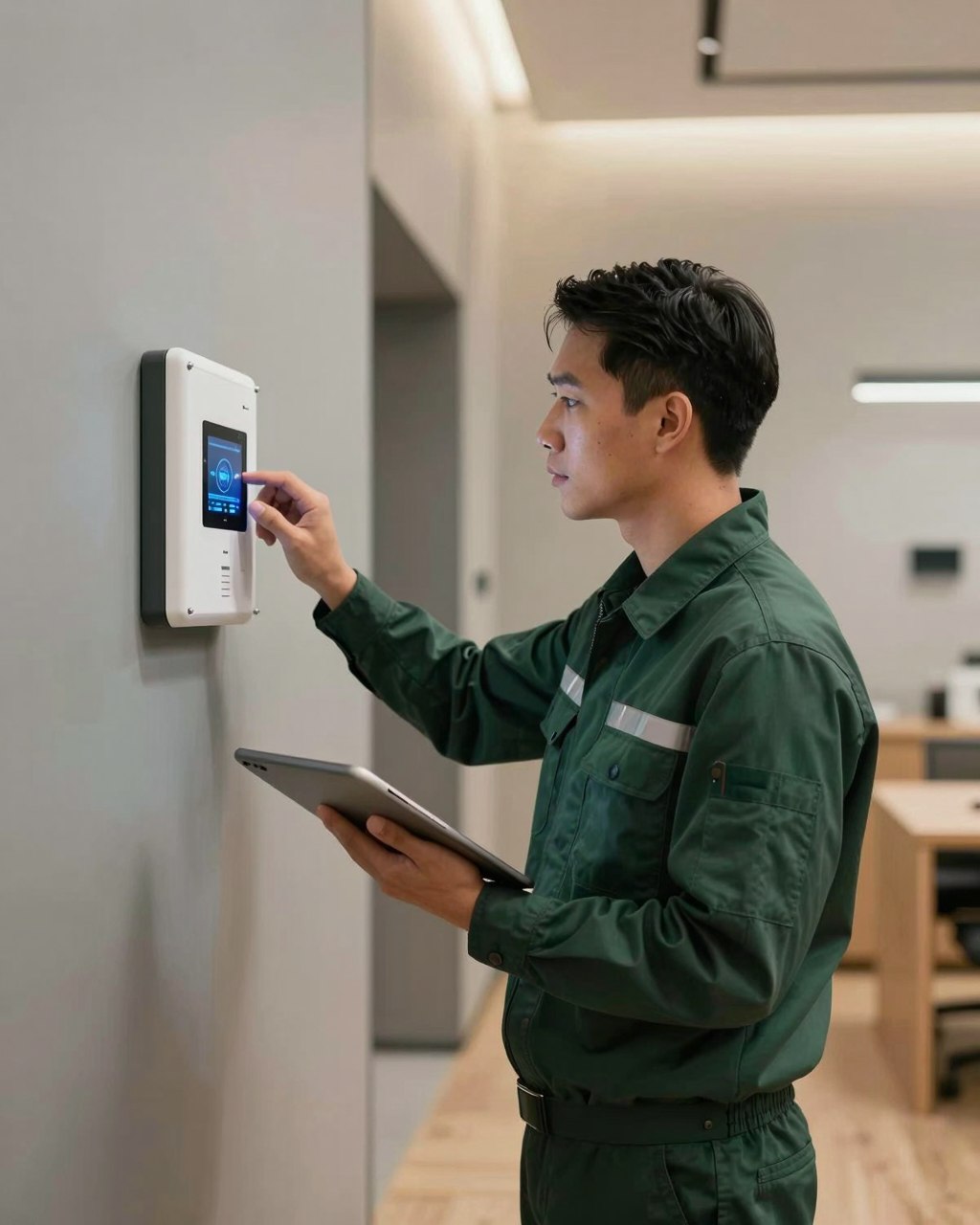 A GreenGarden engineer commissioning the Command Centre system on a wall-mounted control panel