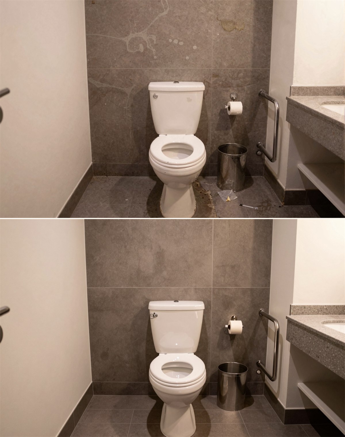 A commercial washroom photographed before and after servicing, the soiled state above and the cleaned state below