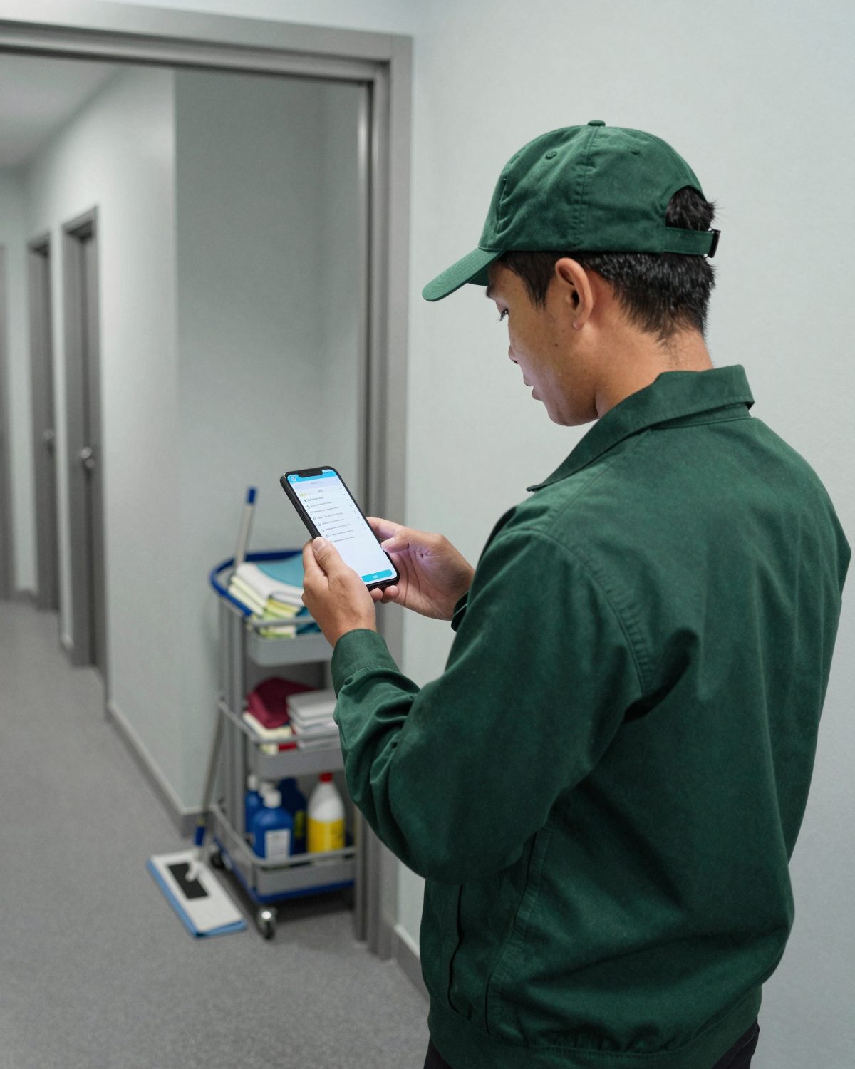 A GGIS cleaning specialist reviewing his task list on the SwipeTask app in a service corridor