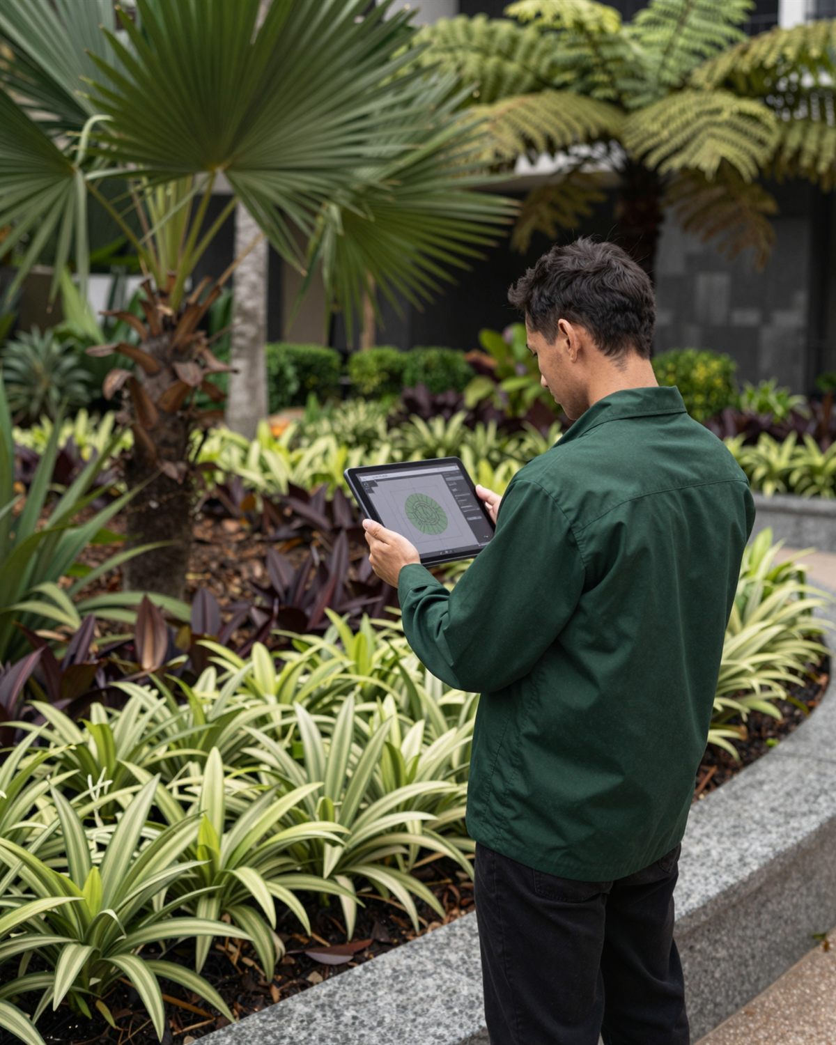 A GGIS landscape consultant standing beside a tropical planting bed, reviewing a landscape design plan on a tablet