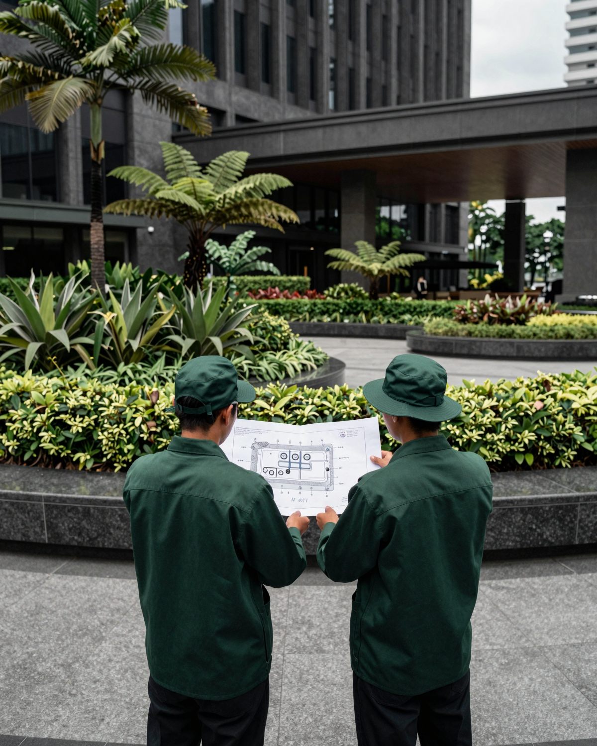 Two GGIS landscape consultants in uniform reviewing a planting plan in the landscaped forecourt of a corporate building