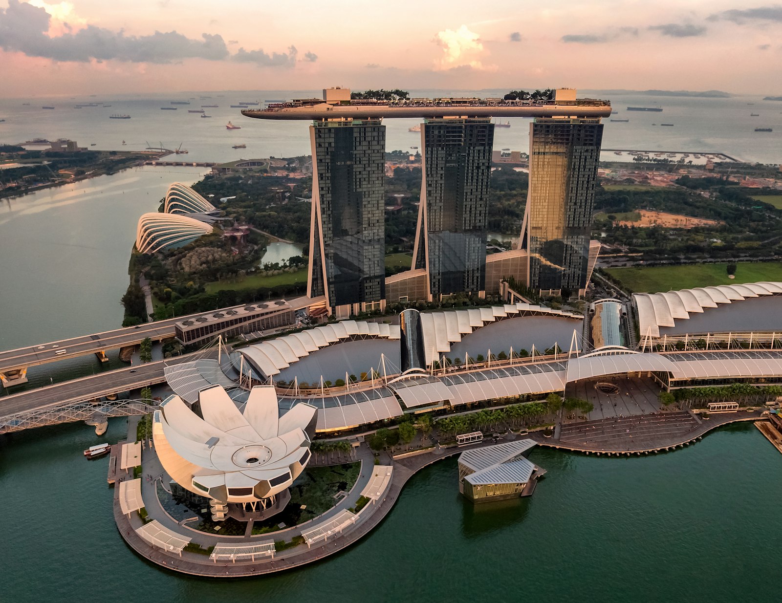 Marina Bay Sands and the Singapore skyline at golden hour